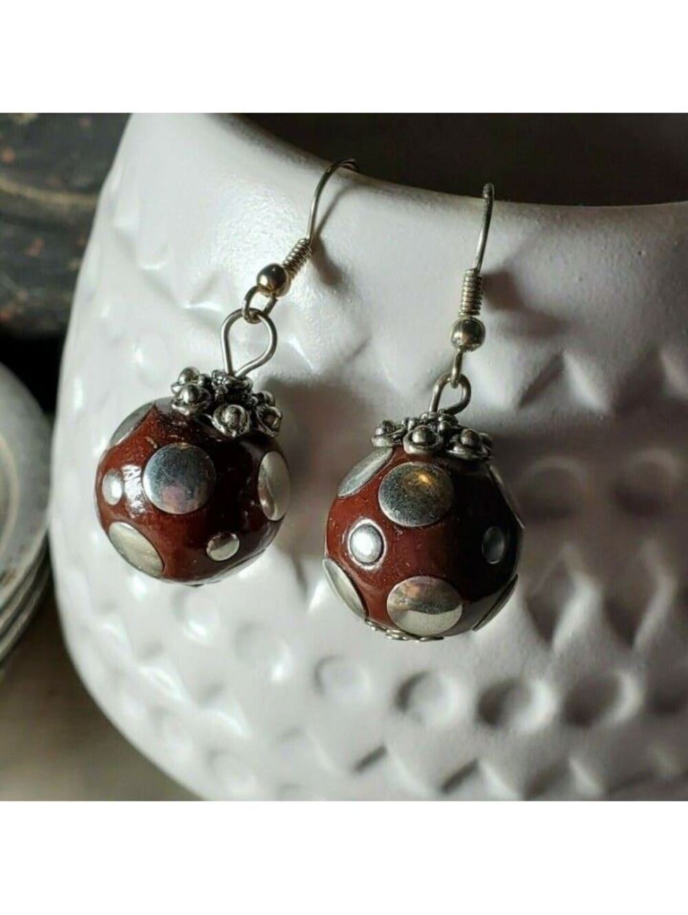 Red Silver Tribal Ethnic Kashmiri Lac Silver Brass Dotted East India Earrings